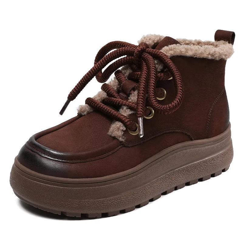 Women Retro Leather Warm Furred Casual Boots