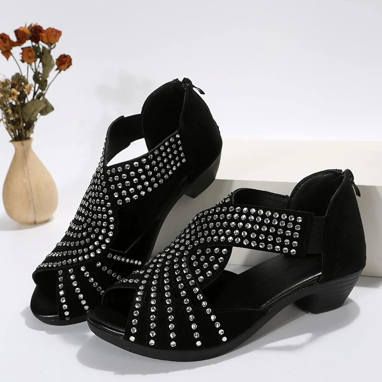 Women Rhinestone Dance Shoes Ballroom Latin Performance Dance Dancing Shoes Peep Toe Rhinestone Cut Out Stacked Mid Heels Sandal Soft Sole Studded Sandals with Back Zipper