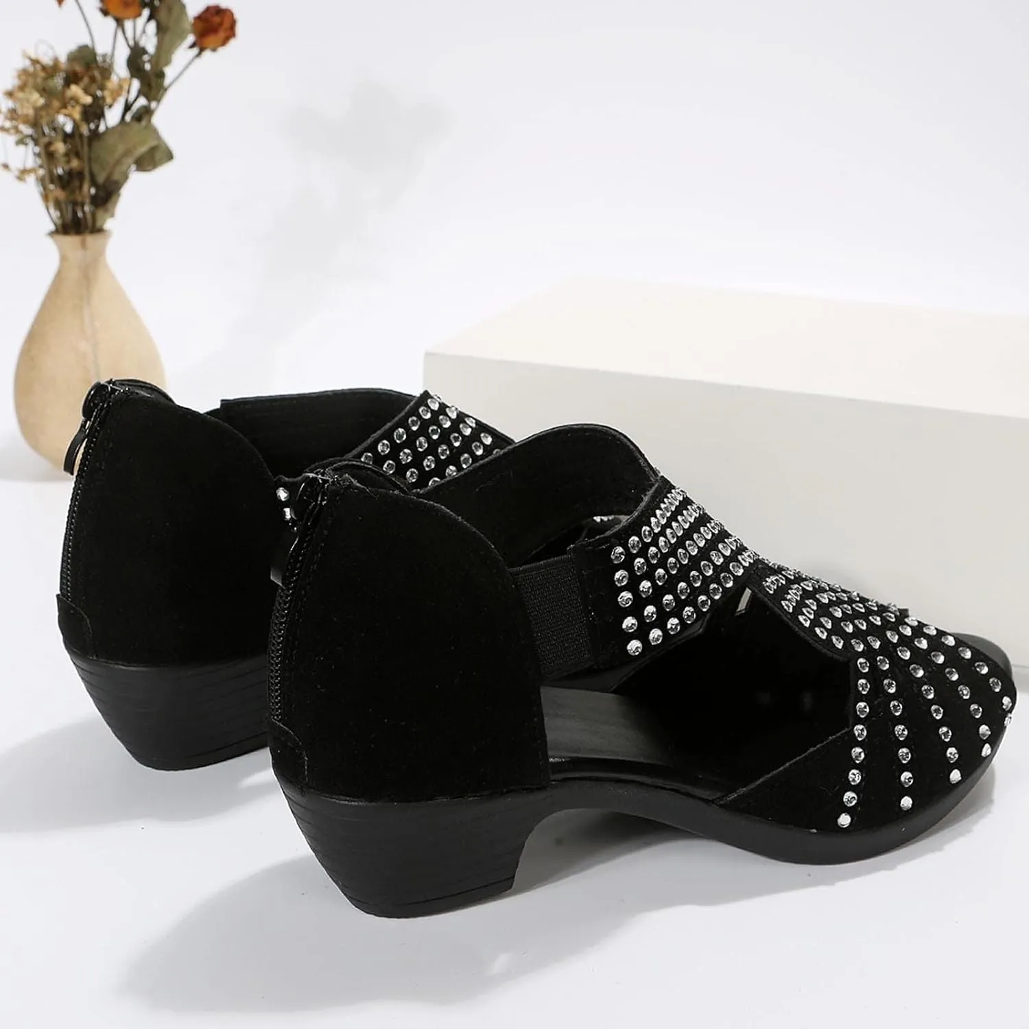 Women Rhinestone Dance Shoes Ballroom Latin Performance Dance Dancing Shoes Peep Toe Rhinestone Cut Out Stacked Mid Heels Sandal Soft Sole Studded Sandals with Back Zipper