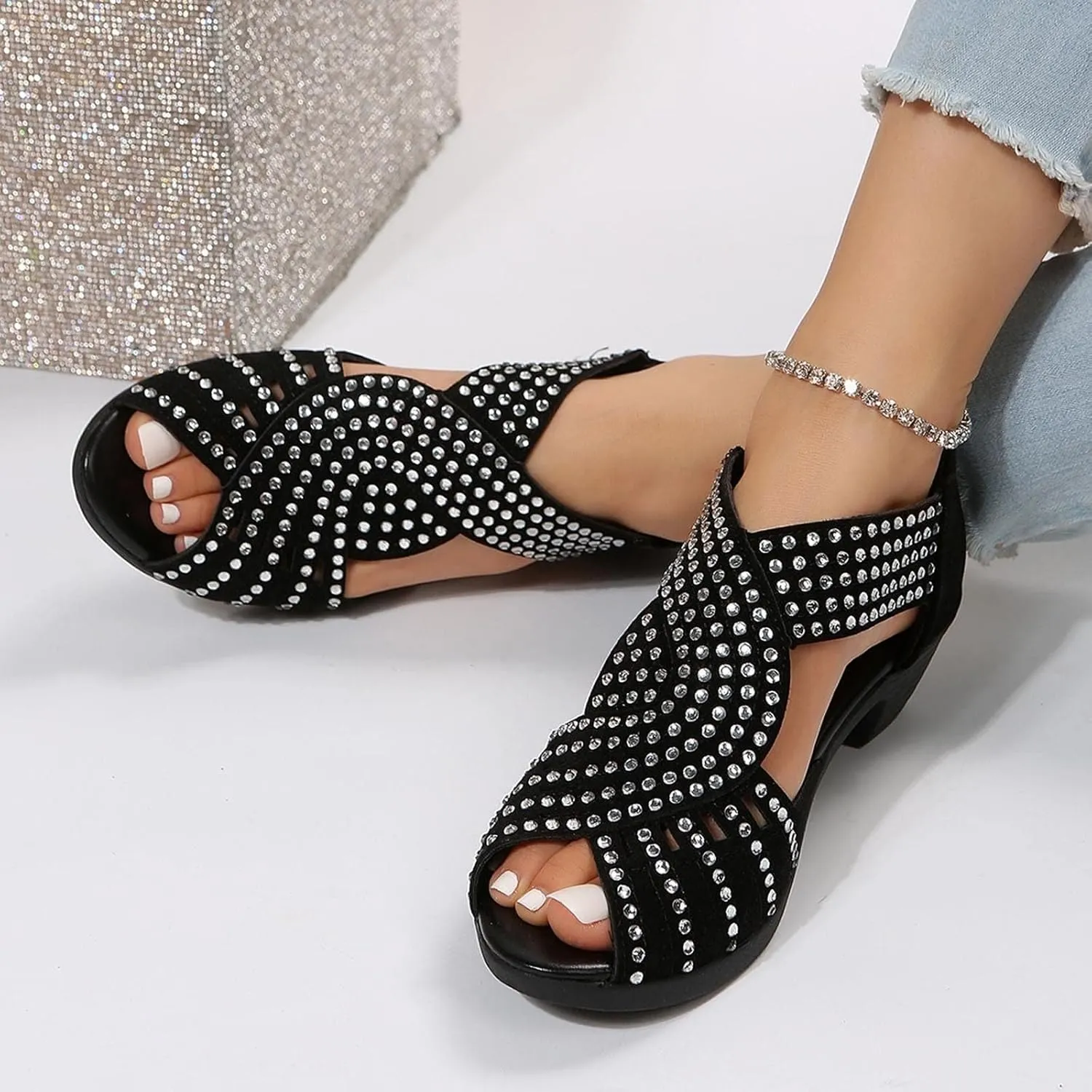 Women Rhinestone Dance Shoes Ballroom Latin Performance Dance Dancing Shoes Peep Toe Rhinestone Cut Out Stacked Mid Heels Sandal Soft Sole Studded Sandals with Back Zipper