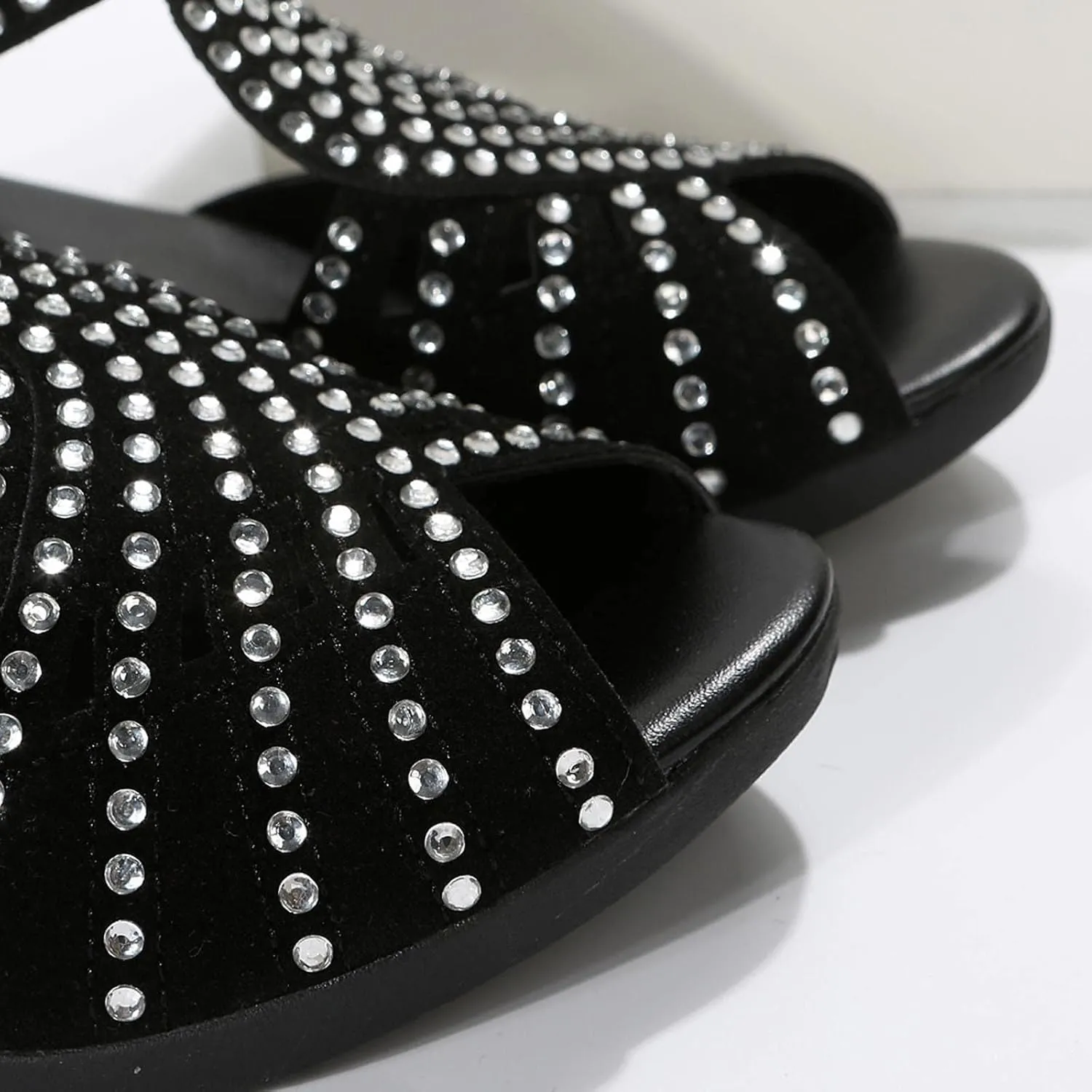 Women Rhinestone Dance Shoes Ballroom Latin Performance Dance Dancing Shoes Peep Toe Rhinestone Cut Out Stacked Mid Heels Sandal Soft Sole Studded Sandals with Back Zipper
