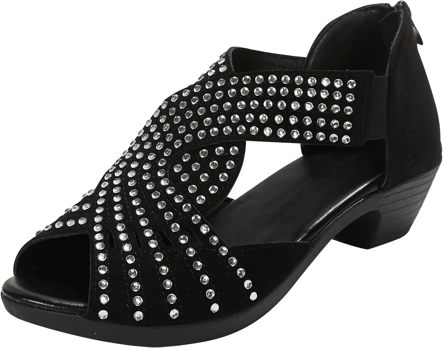 Women Rhinestone Dance Shoes Ballroom Latin Performance Dance Dancing Shoes Peep Toe Rhinestone Cut Out Stacked Mid Heels Sandal Soft Sole Studded Sandals with Back Zipper