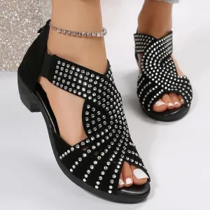 Women Rhinestone Dance Shoes Ballroom Latin Performance Dance Dancing Shoes Peep Toe Rhinestone Cut Out Stacked Mid Heels Sandal Soft Sole Studded Sandals with Back Zipper