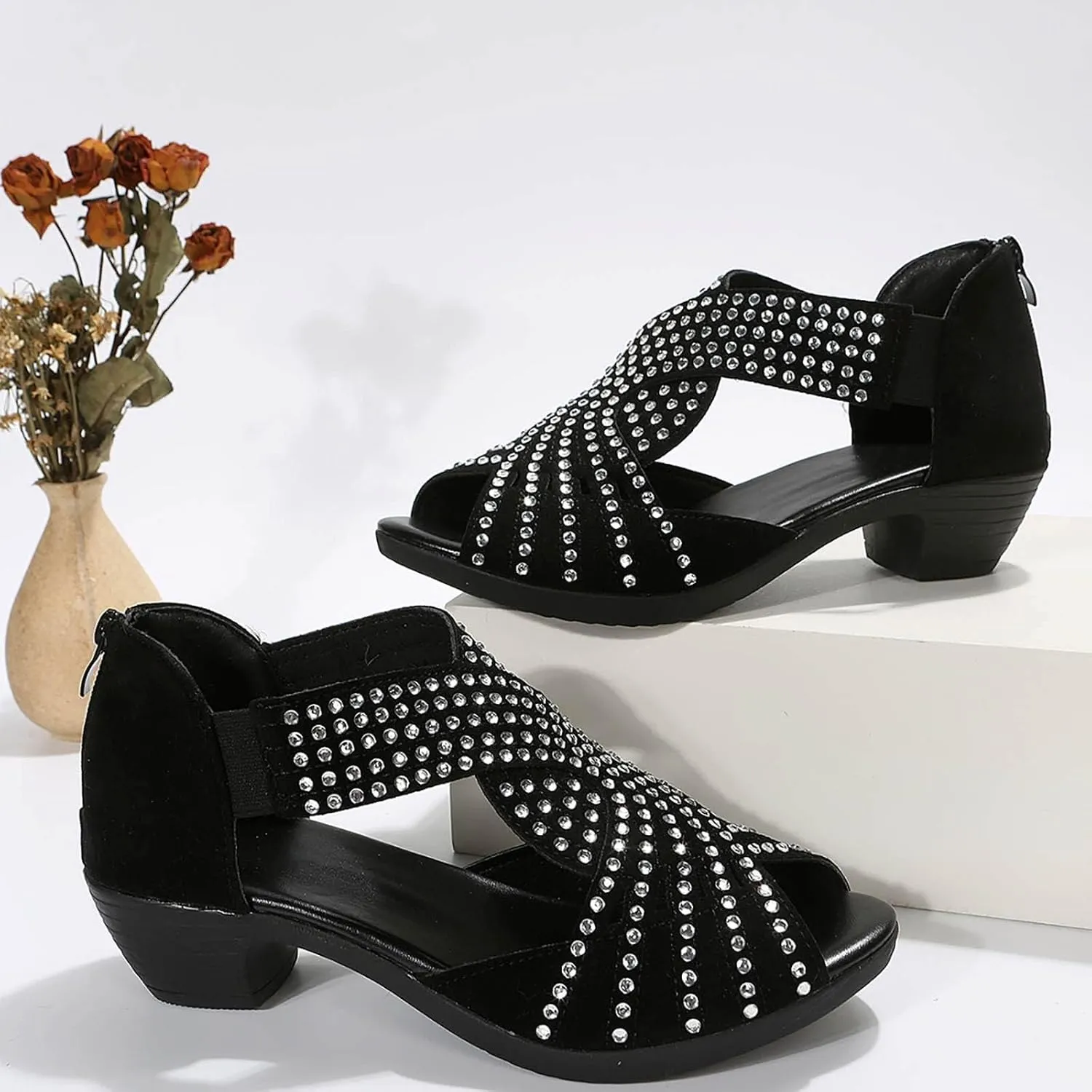 Women Rhinestone Dance Shoes Ballroom Latin Performance Dance Dancing Shoes Peep Toe Rhinestone Cut Out Stacked Mid Heels Sandal Soft Sole Studded Sandals with Back Zipper