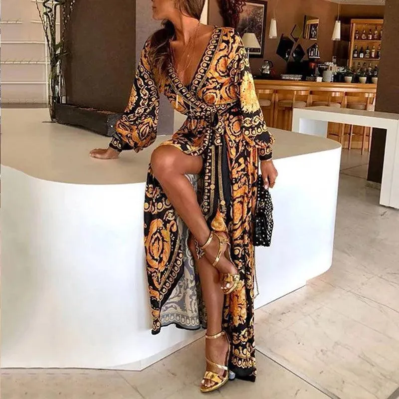Womens Boho V-Neck Printed Sundress Long Maxi