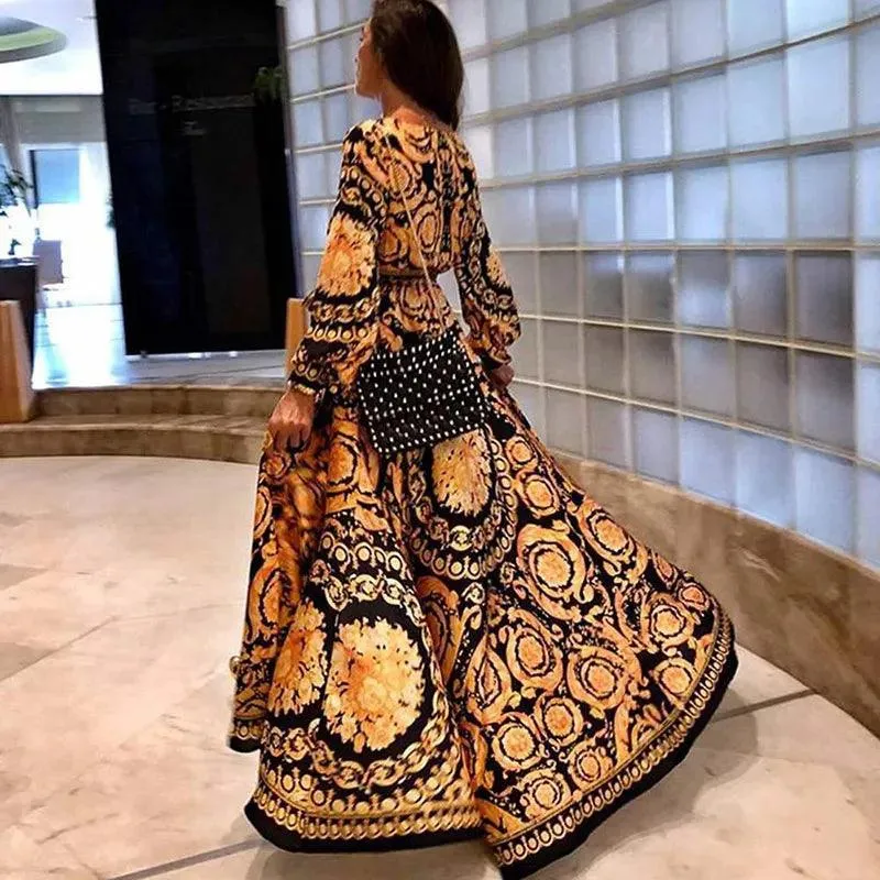 Womens Boho V-Neck Printed Sundress Long Maxi
