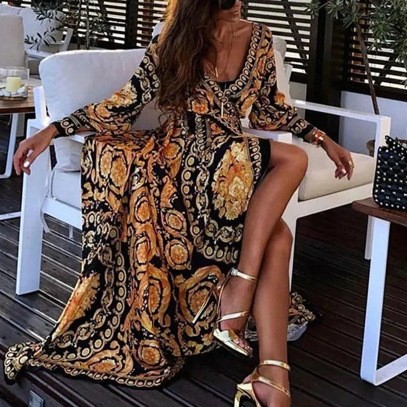 Womens Boho V-Neck Printed Sundress Long Maxi