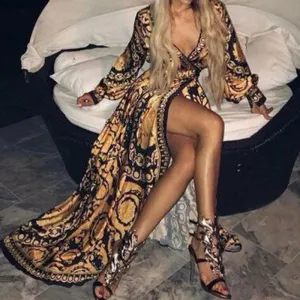 Womens Boho V-Neck Printed Sundress Long Maxi