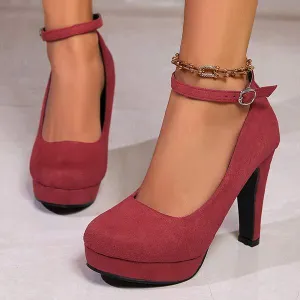 Women's Chunky Heel Ultra High Heel Wine Red Ankle Strap Single Shoes 07080473C