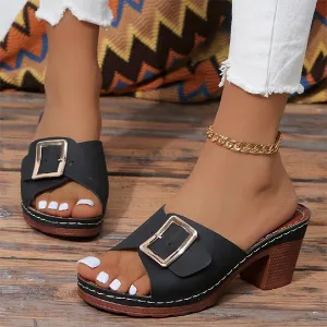 Women's Fashion Square Buckle Block Heel Slippers 30339030S