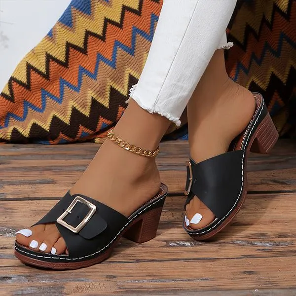 Women's Fashion Square Buckle Block Heel Slippers 30339030S
