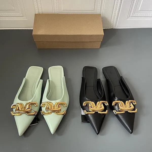 Women's Fashionable Pointed Toe Buckle Decorated Flat Slippers 33004057S