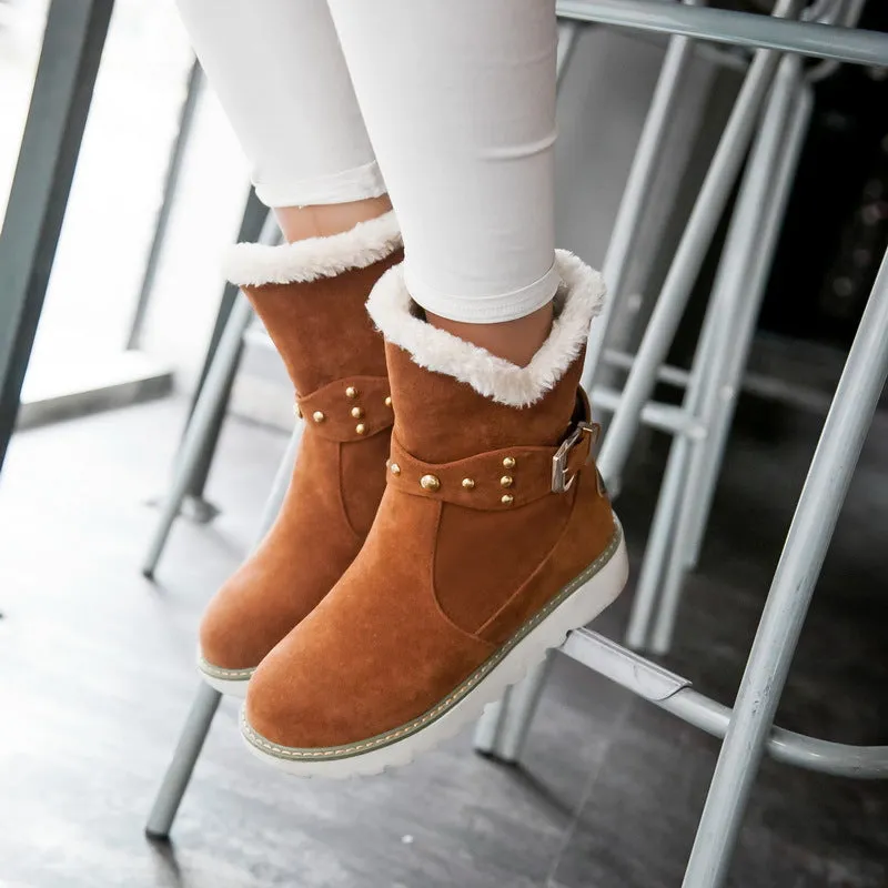 Women's faux fur lining mid calf snow boots with buckle strap
