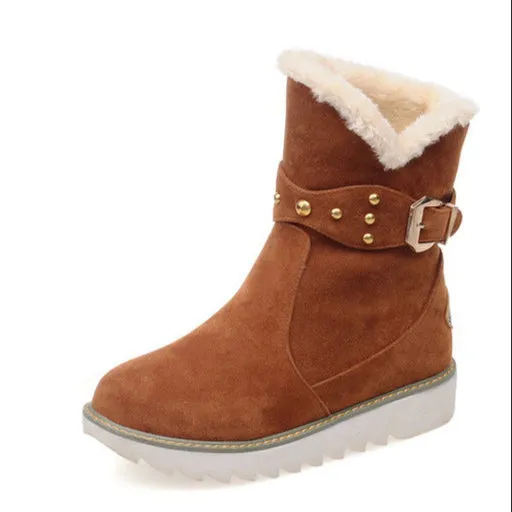Women's faux fur lining mid calf snow boots with buckle strap