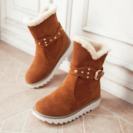 Women's faux fur lining mid calf snow boots with buckle strap