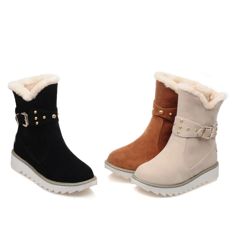 Women's faux fur lining mid calf snow boots with buckle strap