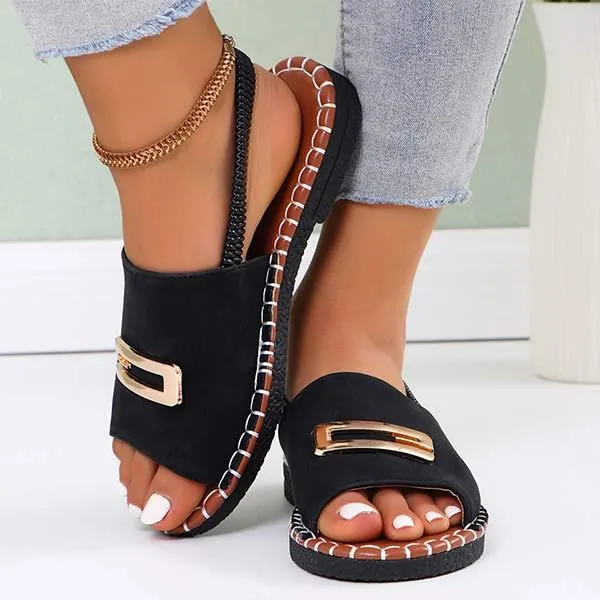 Women's Flat Sandals with Fabric Straps and Metal Embellishments 20205107C