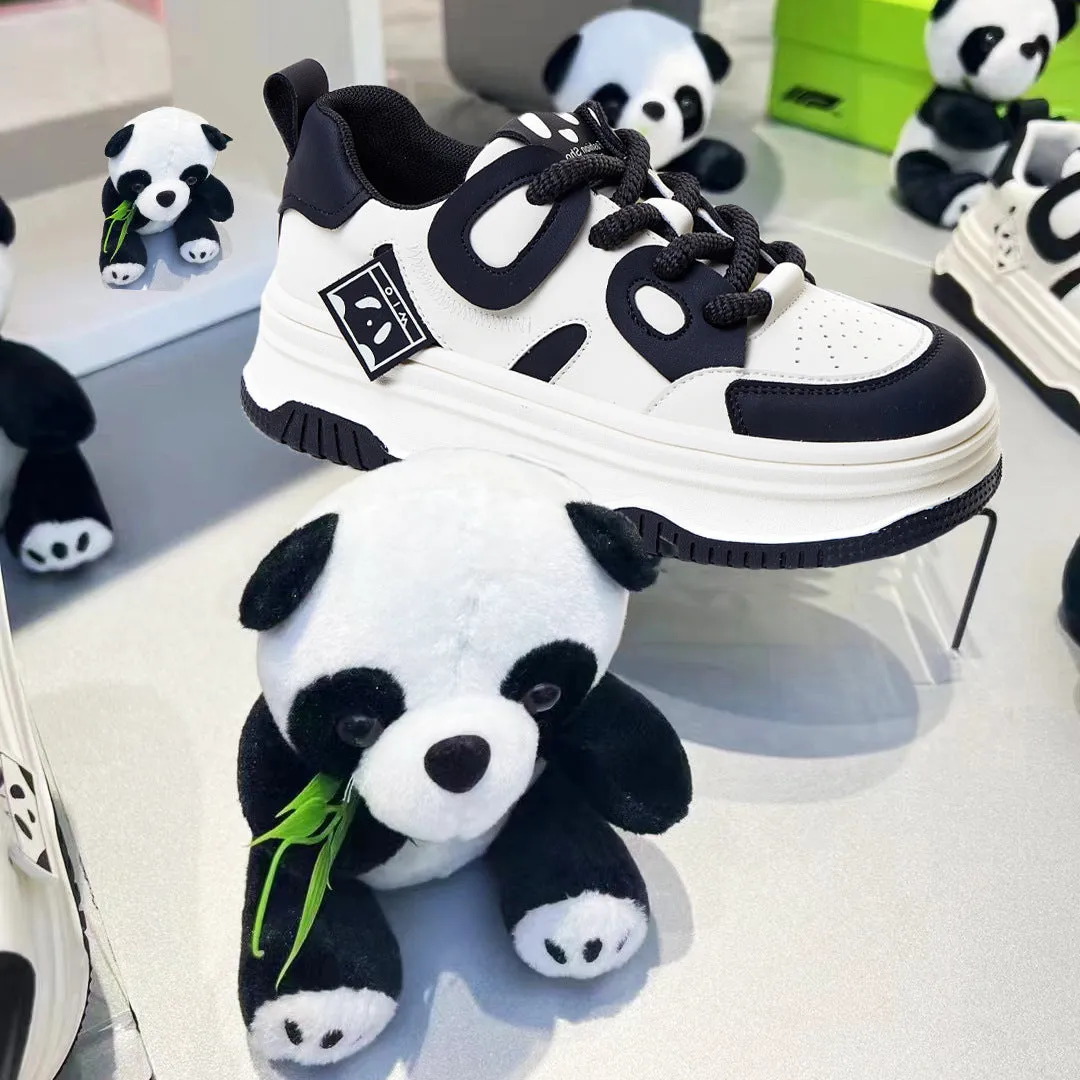 Womens Leather Cute Platform Panda Lace Up Sneakers