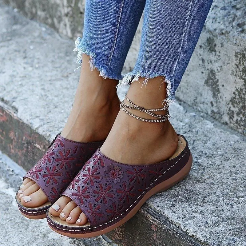 Women's Leather Soft Orthopedic Posture Arch-Support Walking Comfort Stich Cross Sandals