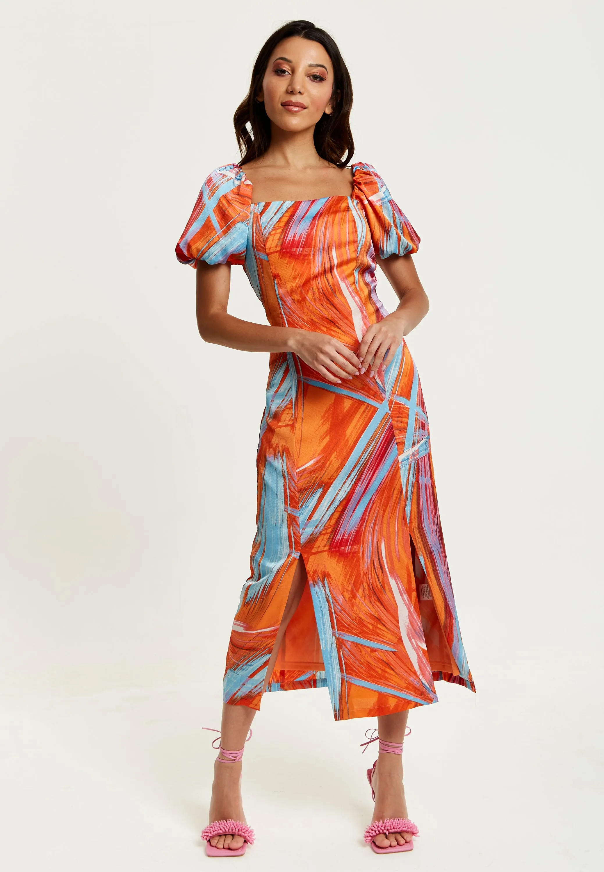 Women's Midi Dress in Orange with Puff Sleeves and Square Neck - Liquorish