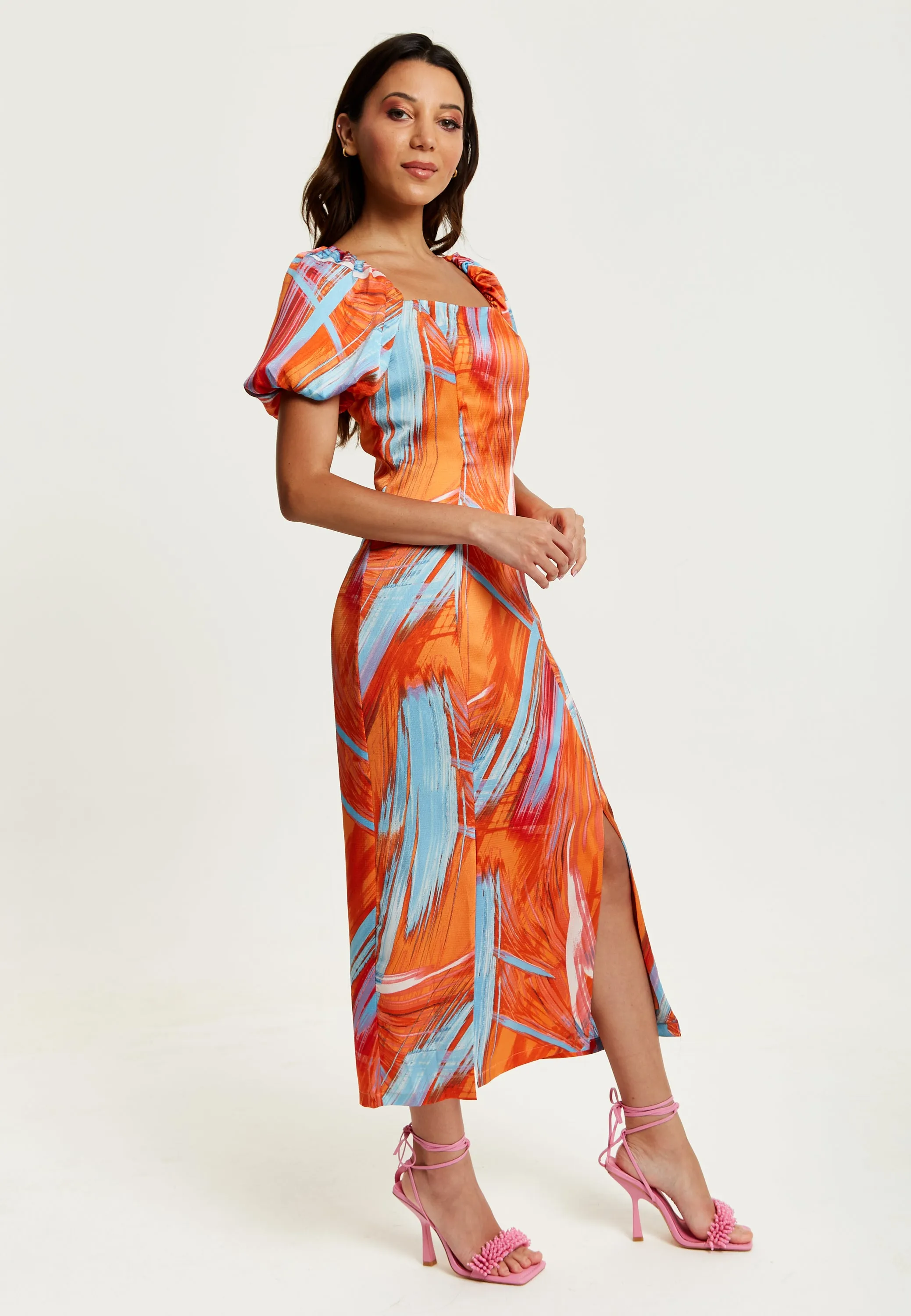 Women's Midi Dress in Orange with Puff Sleeves and Square Neck - Liquorish