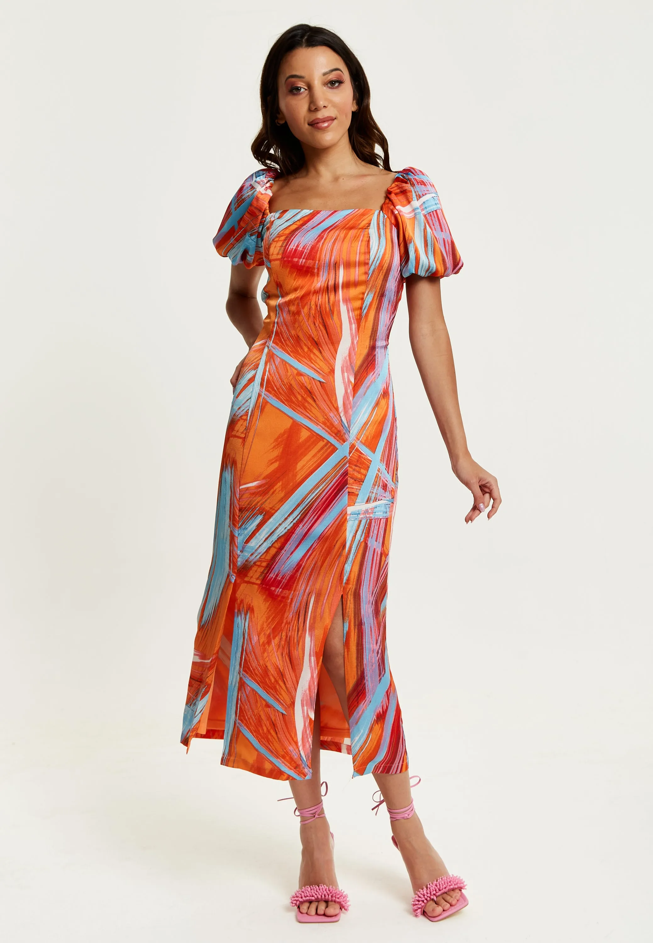 Women's Midi Dress in Orange with Puff Sleeves and Square Neck - Liquorish