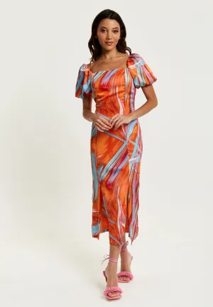 Women's Midi Dress in Orange with Puff Sleeves and Square Neck - Liquorish