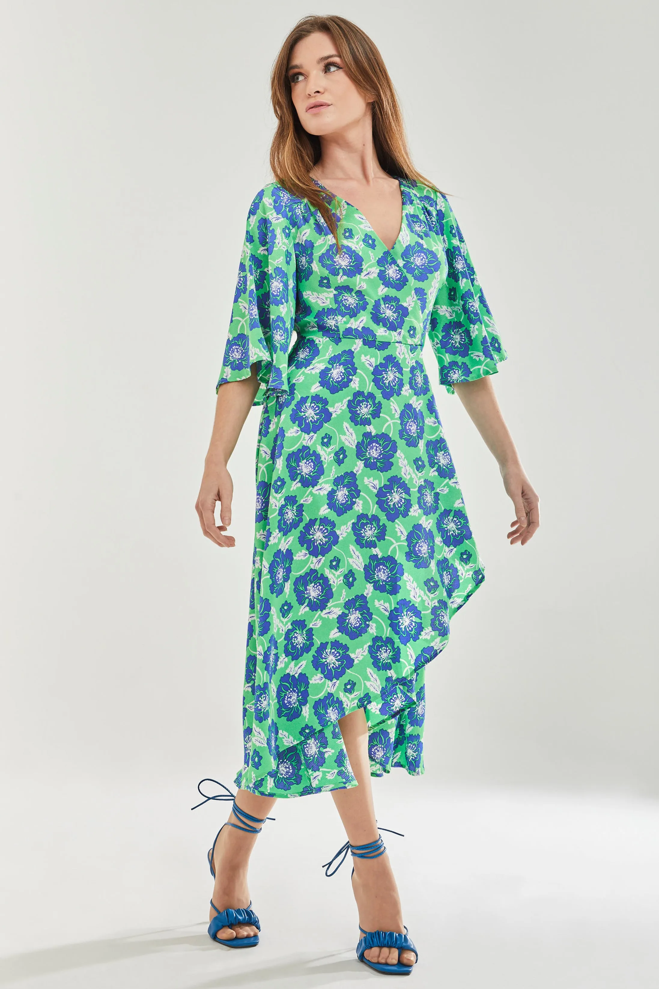 Women's Midi Wrap Dress with Flared Kimono Sleeves in Green Floral Print - Elegantly Chic by Liquorish