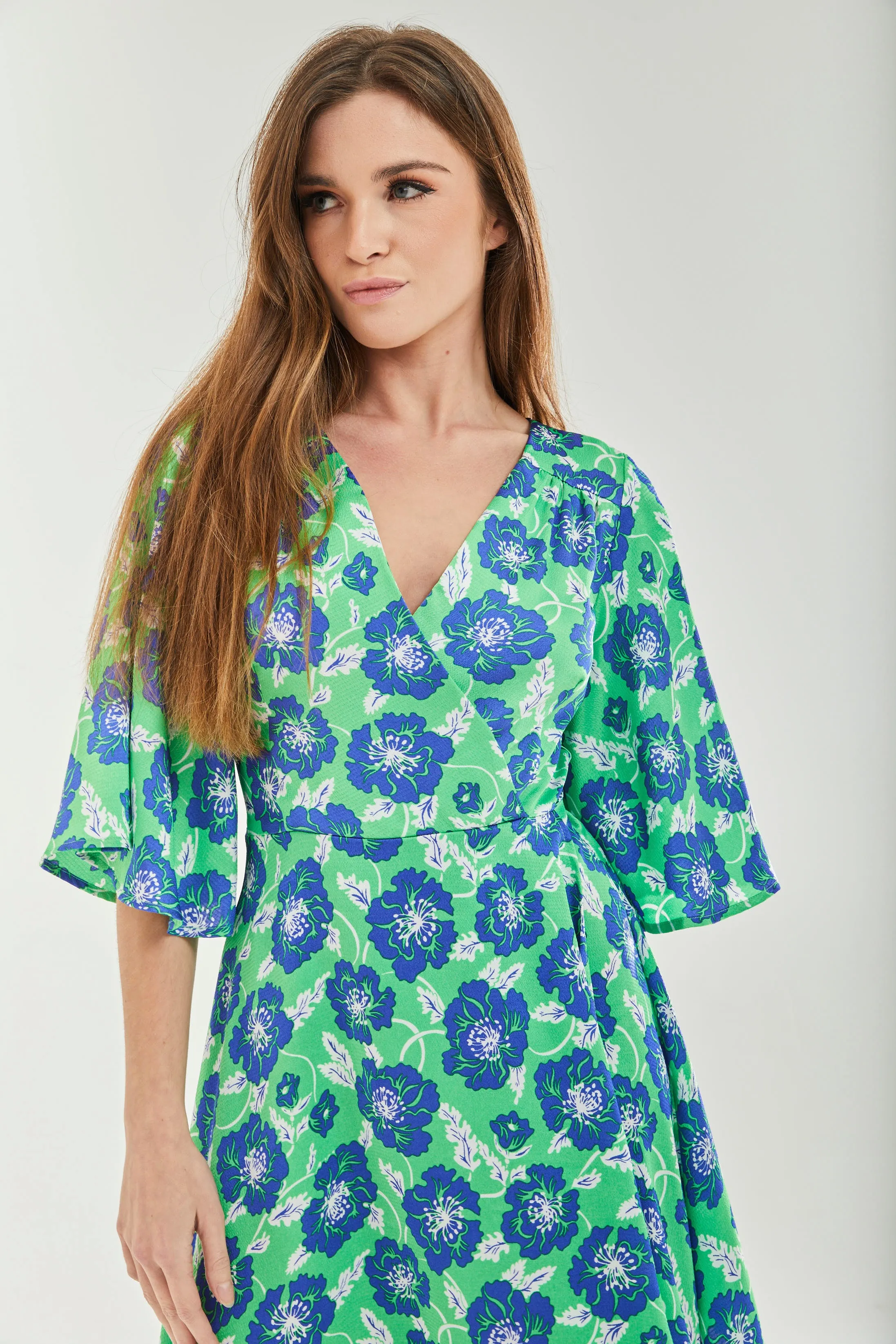 Women's Midi Wrap Dress with Flared Kimono Sleeves in Green Floral Print - Elegantly Chic by Liquorish