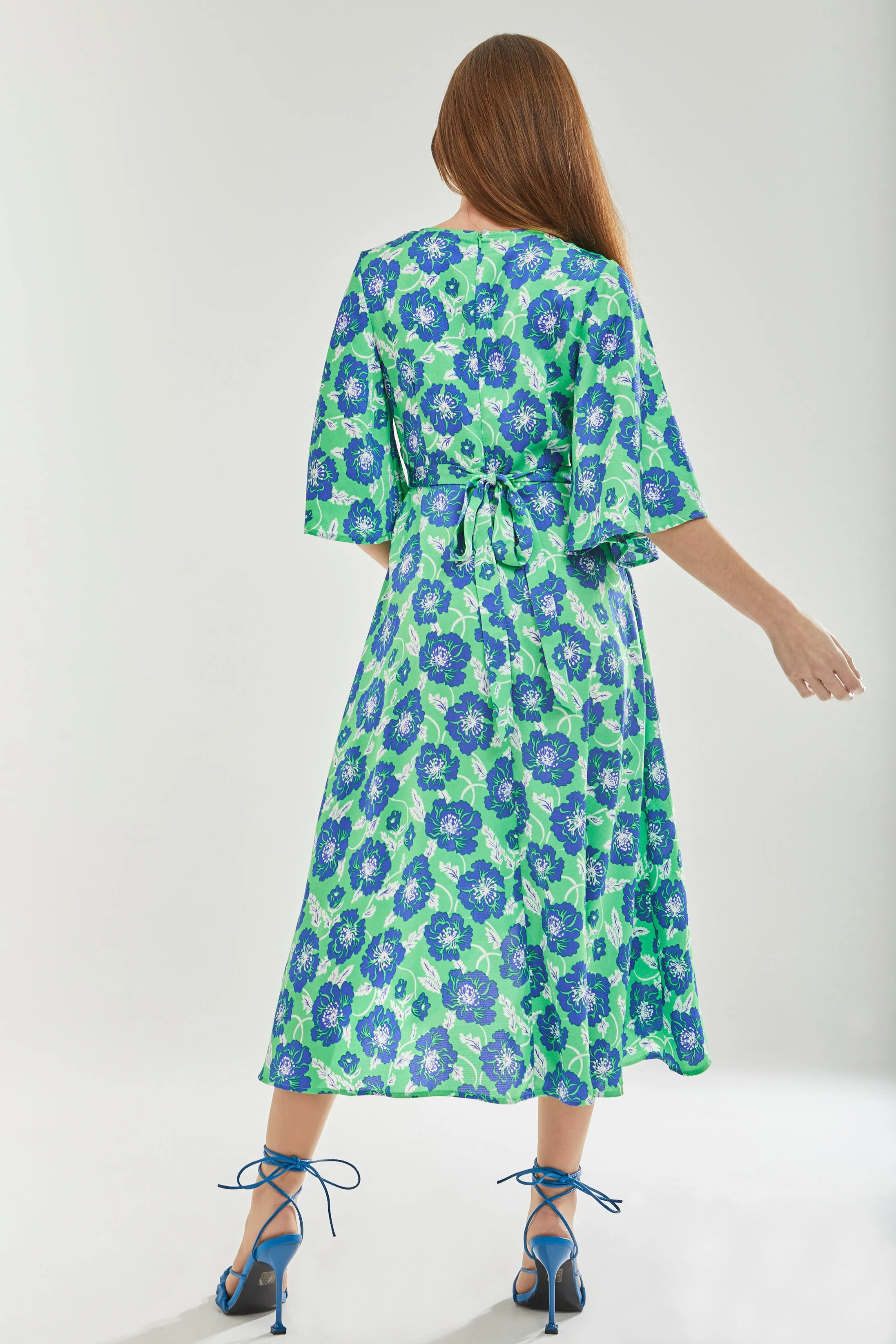 Women's Midi Wrap Dress with Flared Kimono Sleeves in Green Floral Print - Elegantly Chic by Liquorish