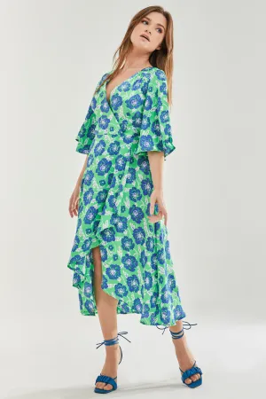 Women's Midi Wrap Dress with Flared Kimono Sleeves in Green Floral Print - Elegantly Chic by Liquorish
