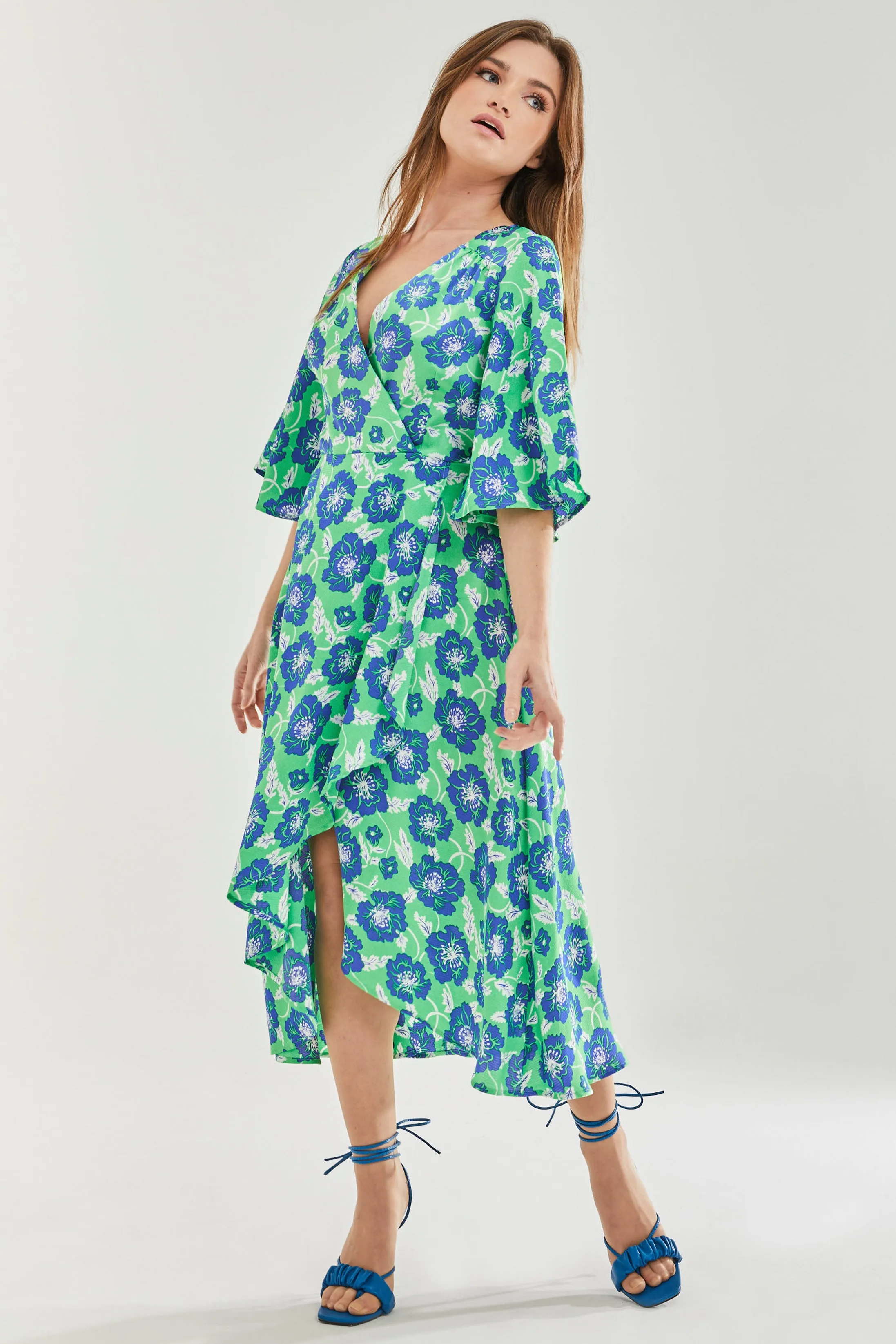 Women's Midi Wrap Dress with Flared Kimono Sleeves in Green Floral Print - Elegantly Chic by Liquorish