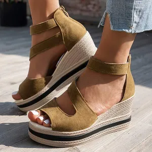 Women's Peep Toe Wedge Sandals with Back Zipper 28090937C