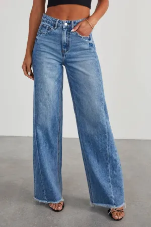 Women’s Raw Hem Wide Leg Jeans with Pockets