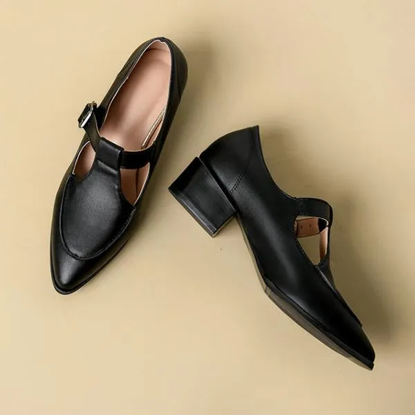 Women's Retro Pointed Toe Chunky Heel Mary Jane Shoes 35492373C