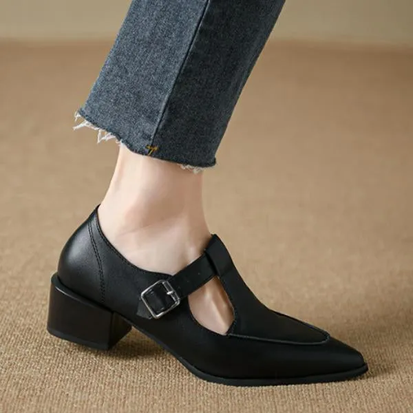 Women's Retro Pointed Toe Chunky Heel Mary Jane Shoes 35492373C