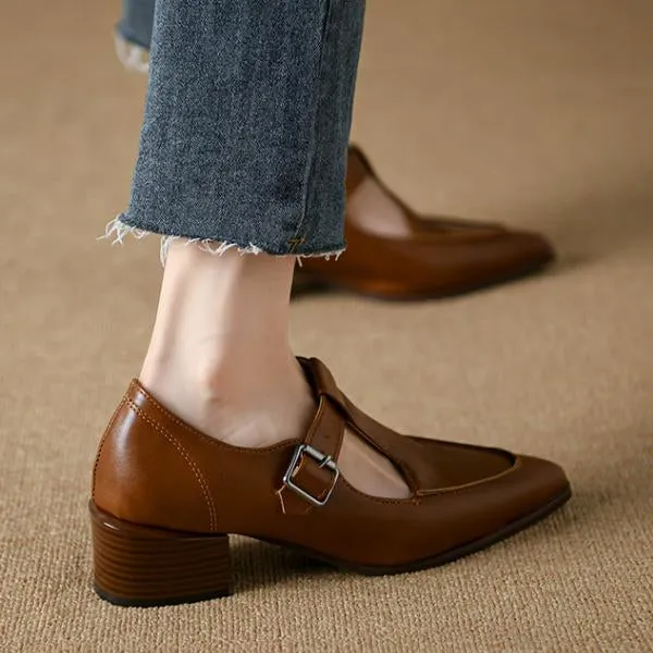 Women's Retro Pointed Toe Chunky Heel Mary Jane Shoes 35492373C
