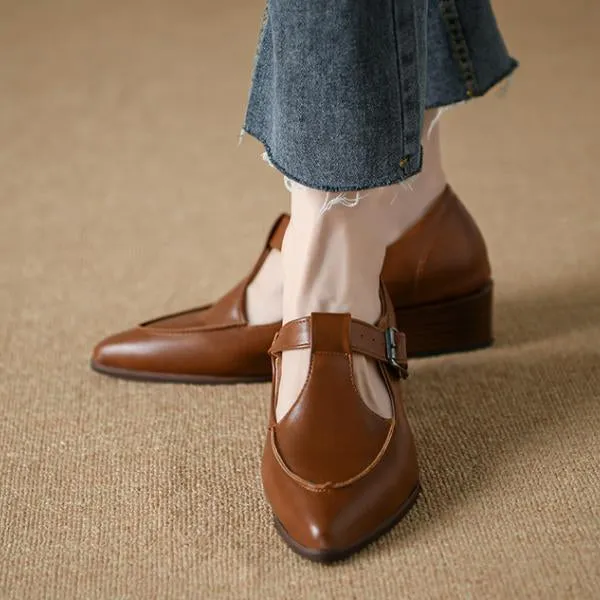 Women's Retro Pointed Toe Chunky Heel Mary Jane Shoes 35492373C