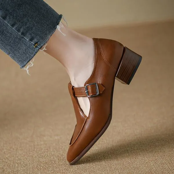 Women's Retro Pointed Toe Chunky Heel Mary Jane Shoes 35492373C