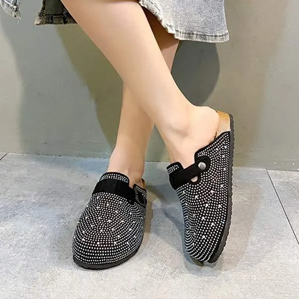 Women's Rhinestone-Adorned Round-Toe Buckle Soft Sole Cork Sandals 10499399C