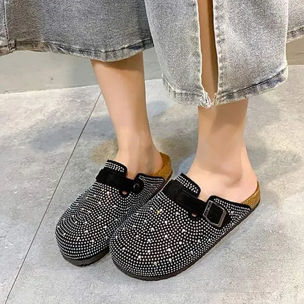 Women's Rhinestone-Adorned Round-Toe Buckle Soft Sole Cork Sandals 10499399C