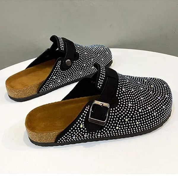 Women's Rhinestone-Adorned Round-Toe Buckle Soft Sole Cork Sandals 10499399C