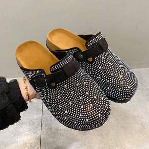Women's Rhinestone-Adorned Round-Toe Buckle Soft Sole Cork Sandals 10499399C