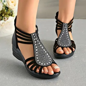 Women's Rhinestone Zipper Hollow Wedge Sandals 76550133S