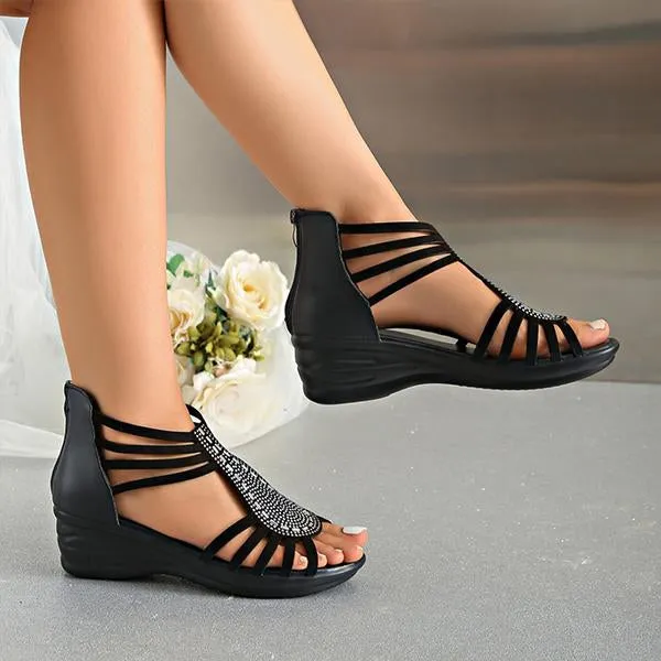 Women's Rhinestone Zipper Hollow Wedge Sandals 76550133S