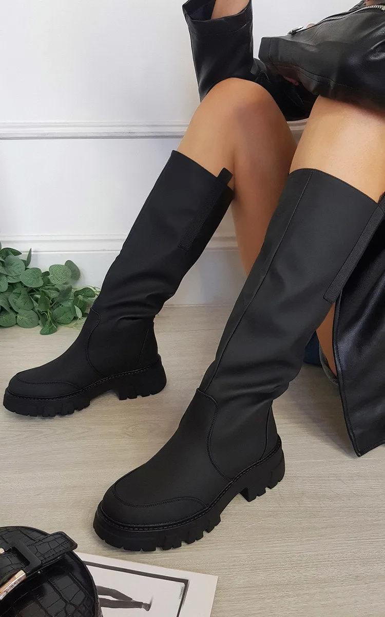 Womens Rosha Knee High Chunky Sole Black PU Boots Size 3-8