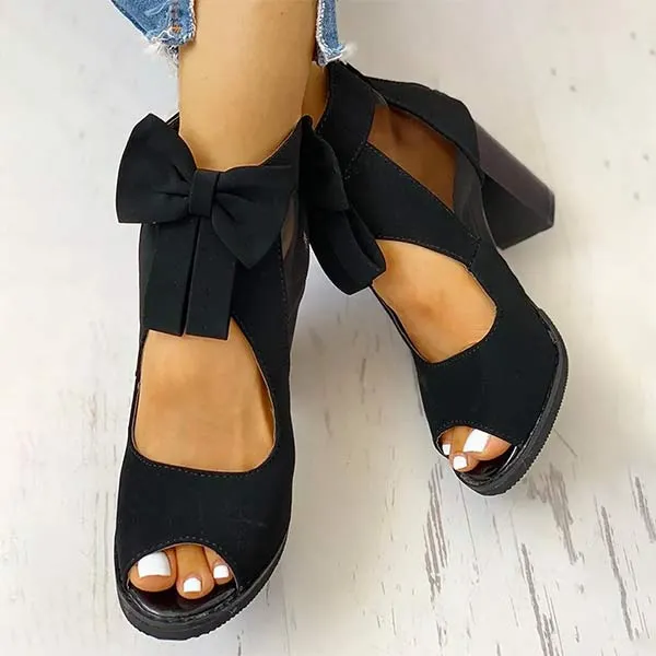 Women's Round Toe Fish Mouth Mesh Bow Thick Heel Shoes 40233893C