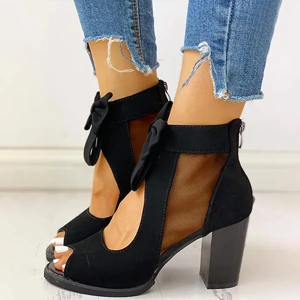 Women's Round Toe Fish Mouth Mesh Bow Thick Heel Shoes 40233893C