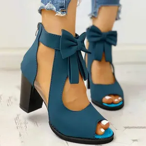 Women's Round Toe Fish Mouth Mesh Bow Thick Heel Shoes 40233893C