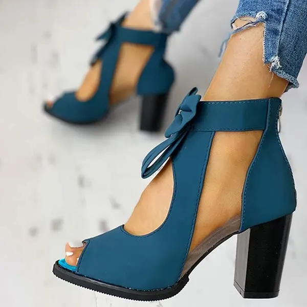 Women's Round Toe Fish Mouth Mesh Bow Thick Heel Shoes 40233893C